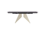 Modern beige extension dining table with light Vic grey sintered stone top and angular pedestal legs – front view