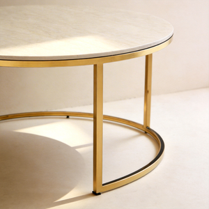 Nesting Round Coffee Table Set with Matt White Travertine Sintered Stone and Polished Gold Frame