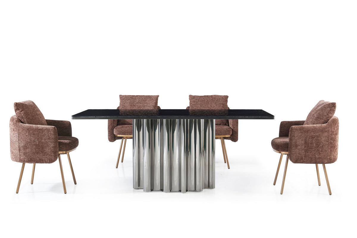WAVE extension dining table with black water glass top and polished silver wave base with six upholstered chairs