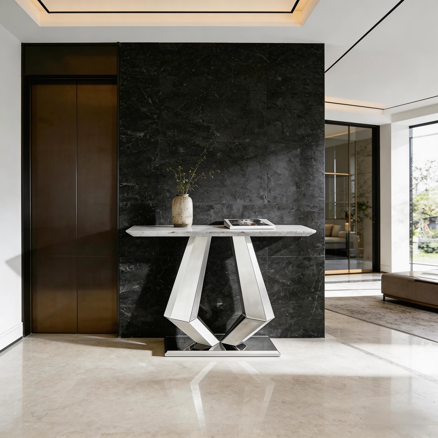 Arden Silver Console Table – Diamond-Cut Sculptural Entryway Piece with Marble Top