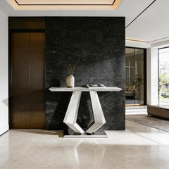Arden Silver Console Table – Diamond-Cut Sculptural Entryway Piece with Marble Top