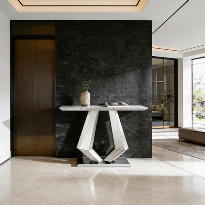 Arden Silver Console Table – Diamond-Cut Sculptural Entryway Piece with Marble Top