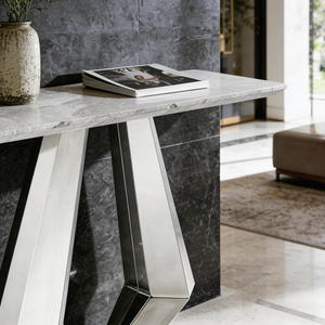 Arden Silver Console Table – Diamond-Cut Sculptural Entryway Piece with Marble Top
