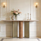 ELISE modern console table with white stone top, walnut veneer and brushed bronze cylinder base in an entryway