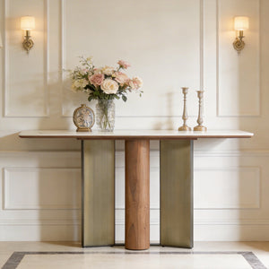 ELISE Console Table with Walnut Veneer and Bronze Brushed Finish for Modern Entryways