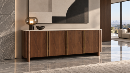 KIRA Modern Travertine Sintered Stone Buffet with Walnut Veneer & Matt Gold Accents
