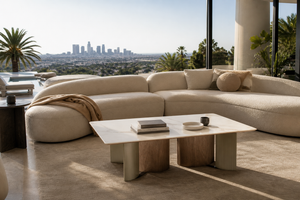 ELISE Collection Modern Luxury Coffee Table with Sintered Stone Top and Walnut Veneer Bronze Base